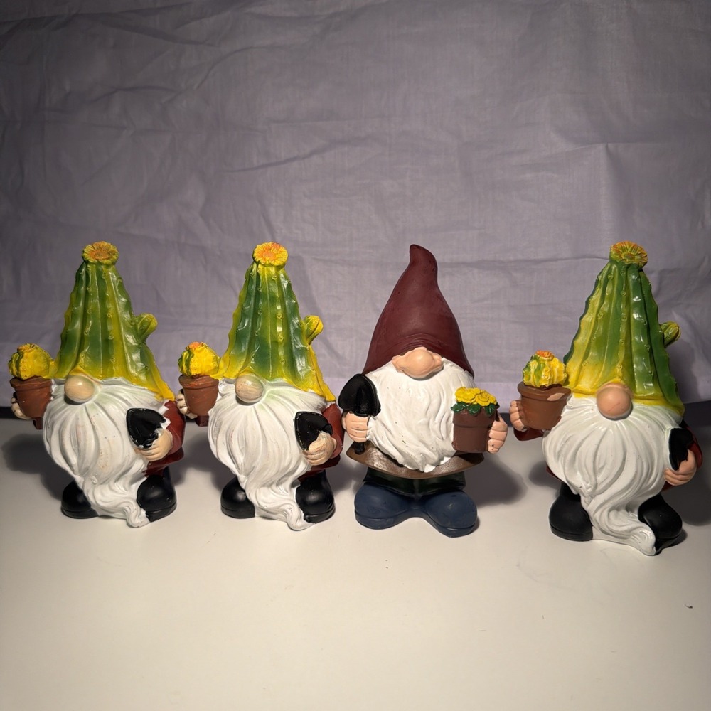 Set of 4 Summer Garden Forest Gnomes Figurines 5-1/2 Plaster Sculpture Resin